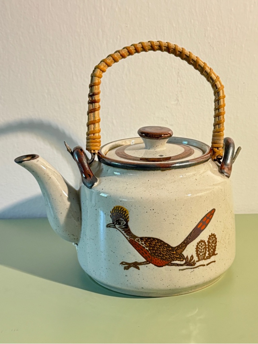 Vintage Otagiri Stoneware Roadrunner Teapot With Woven Wicker Handle